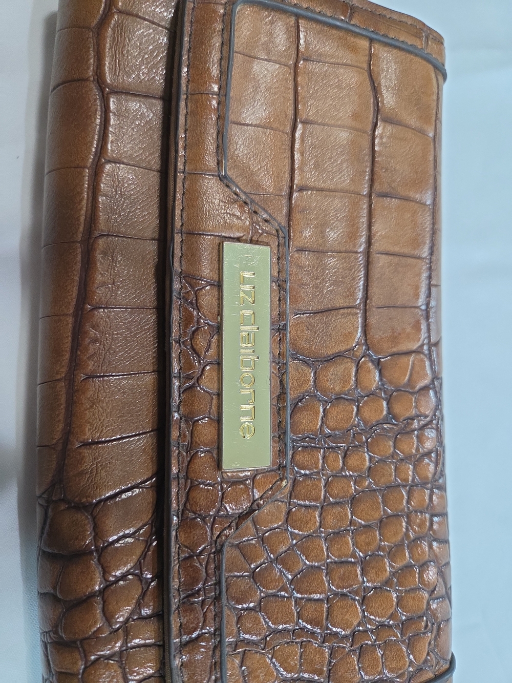 Liz Claiborne Brown Croc-Embossed Leather Wallet with Gold Plaque